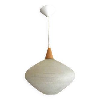 Suspension opaline et bois, scandinave, style Louis Kalff, 1960