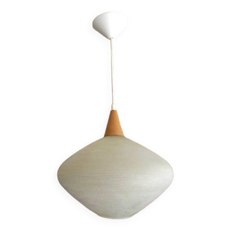 Opaline and wood pendant light, Scandinavian, Louis Kalff style, 1960