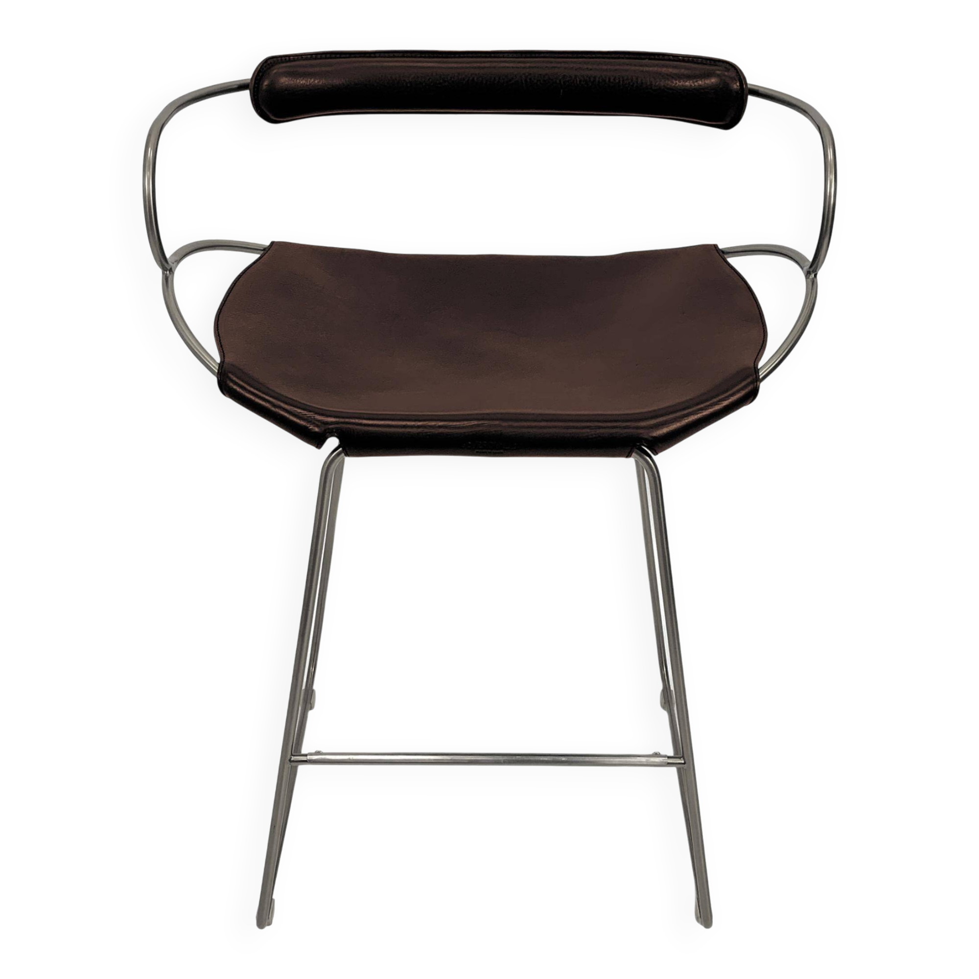 Kitchen bar stool with a weathered silver metal back and dark brown leather.