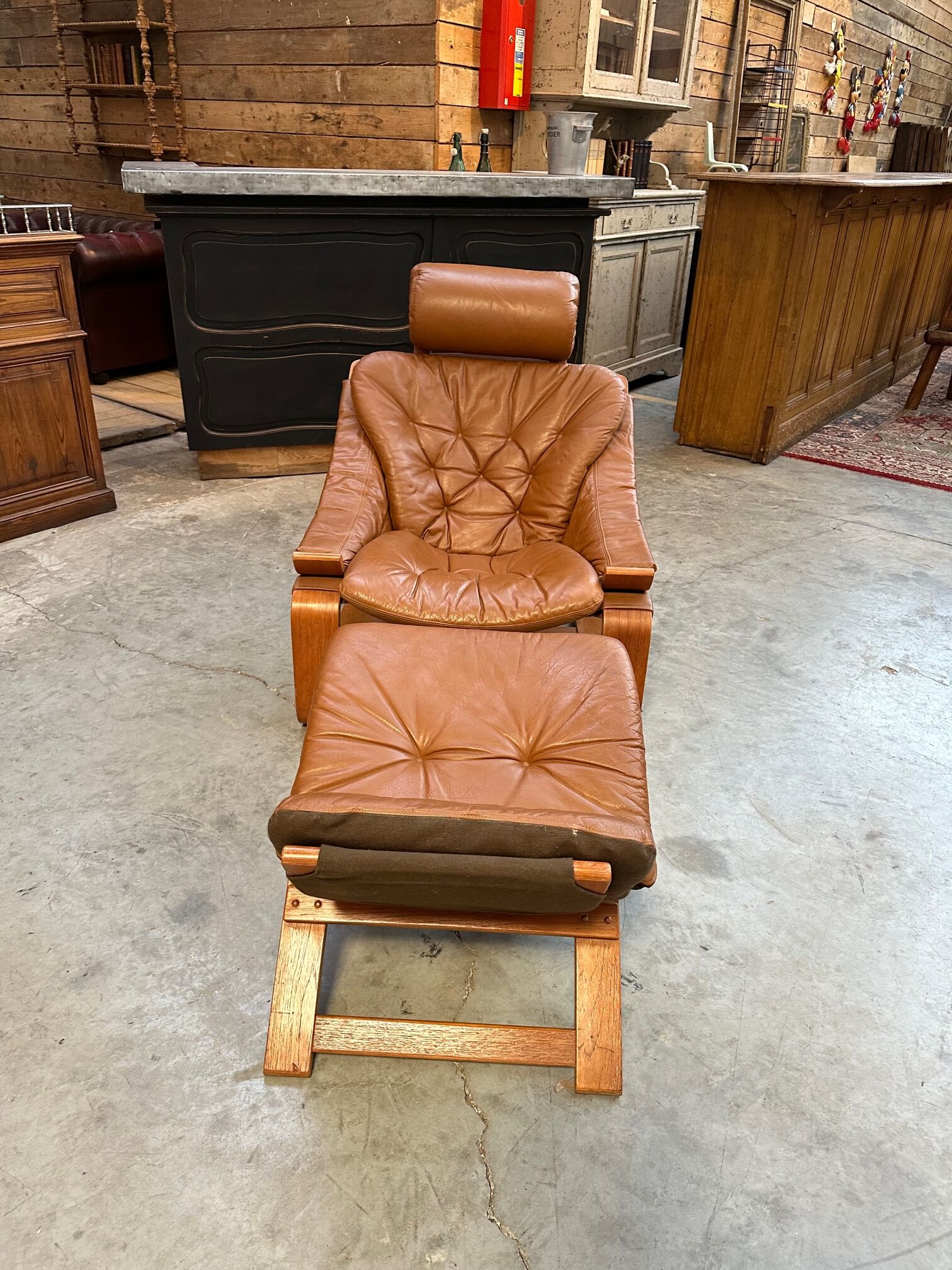 Kroken armchair and footrest in leather and bentwood by Ake Fribytter for Nelo Mobel, Sweden