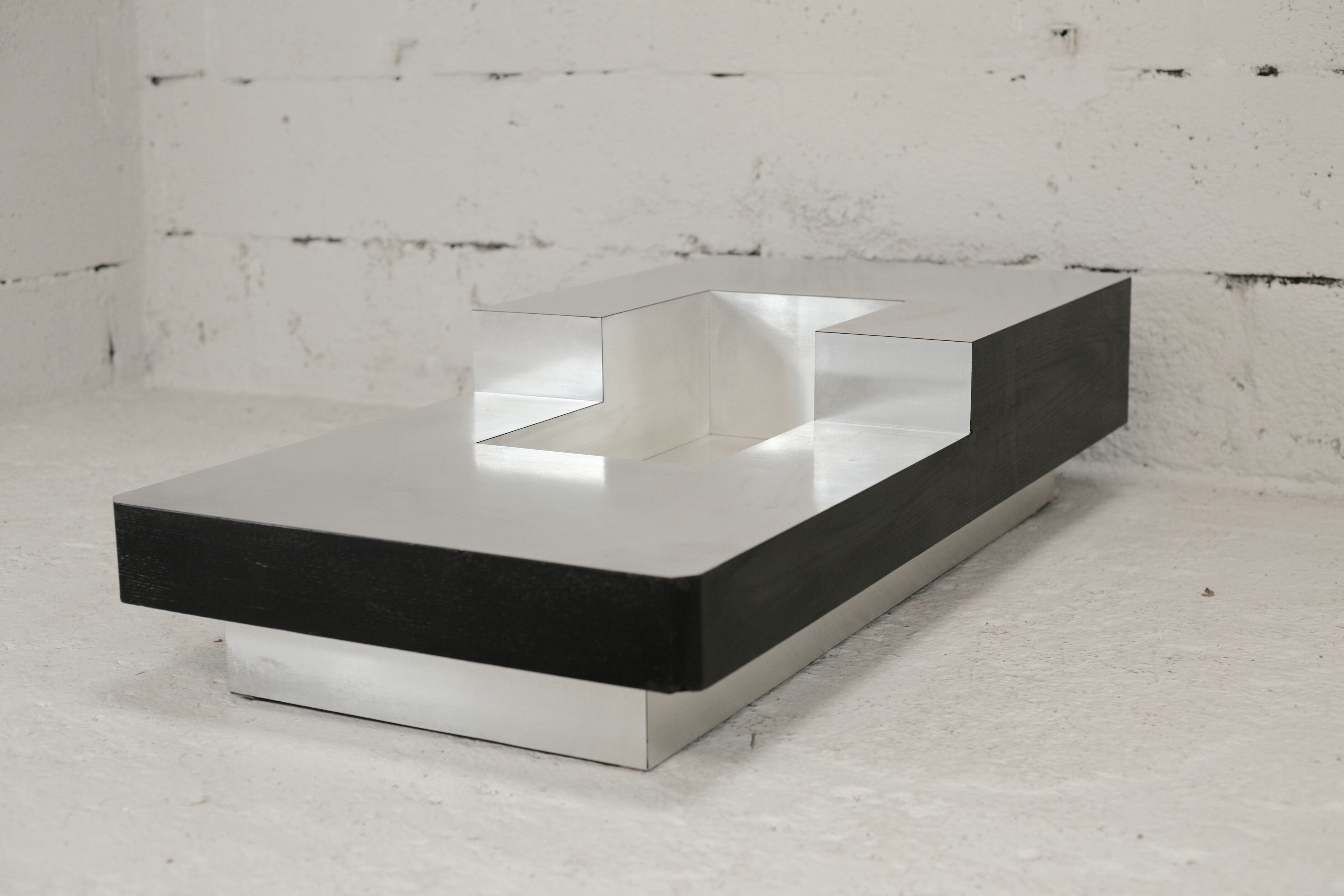 Coffee table "Space Age", wood, aluminum veneer, France, circa 1970