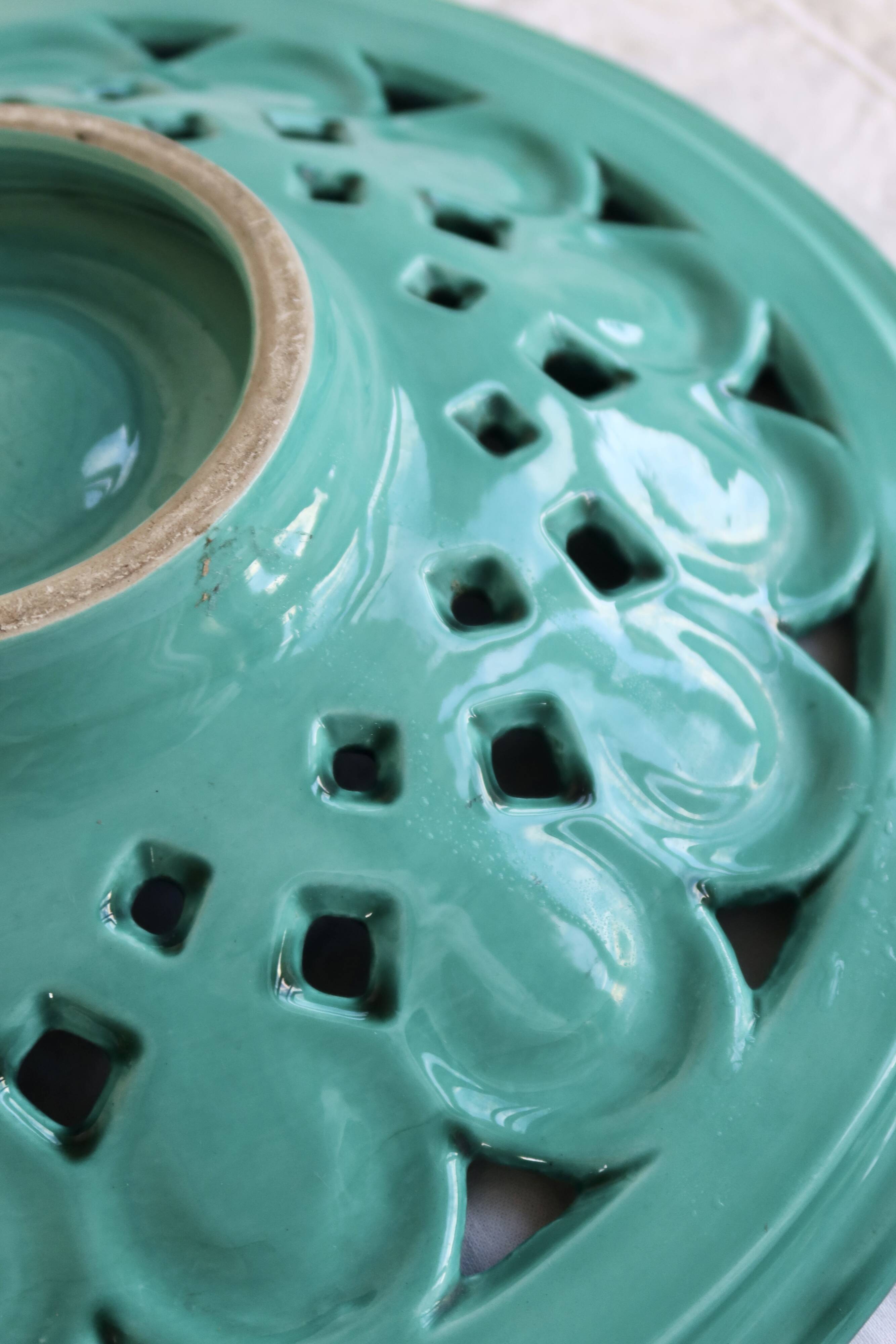 Large vintage turquoise ceramic bowl – Openwork braided pattern