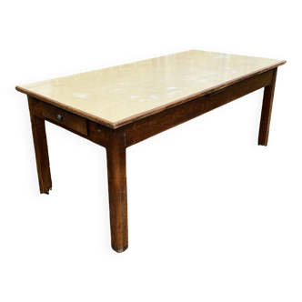 Ancienne table de ferme plateau formica jaune paille et piètement bois