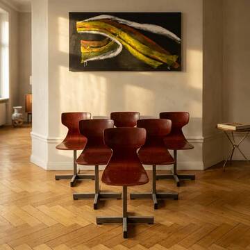 Set of 6 mid-century modern Pagholz chairs, moulded plywood seats, steel base, 1960s