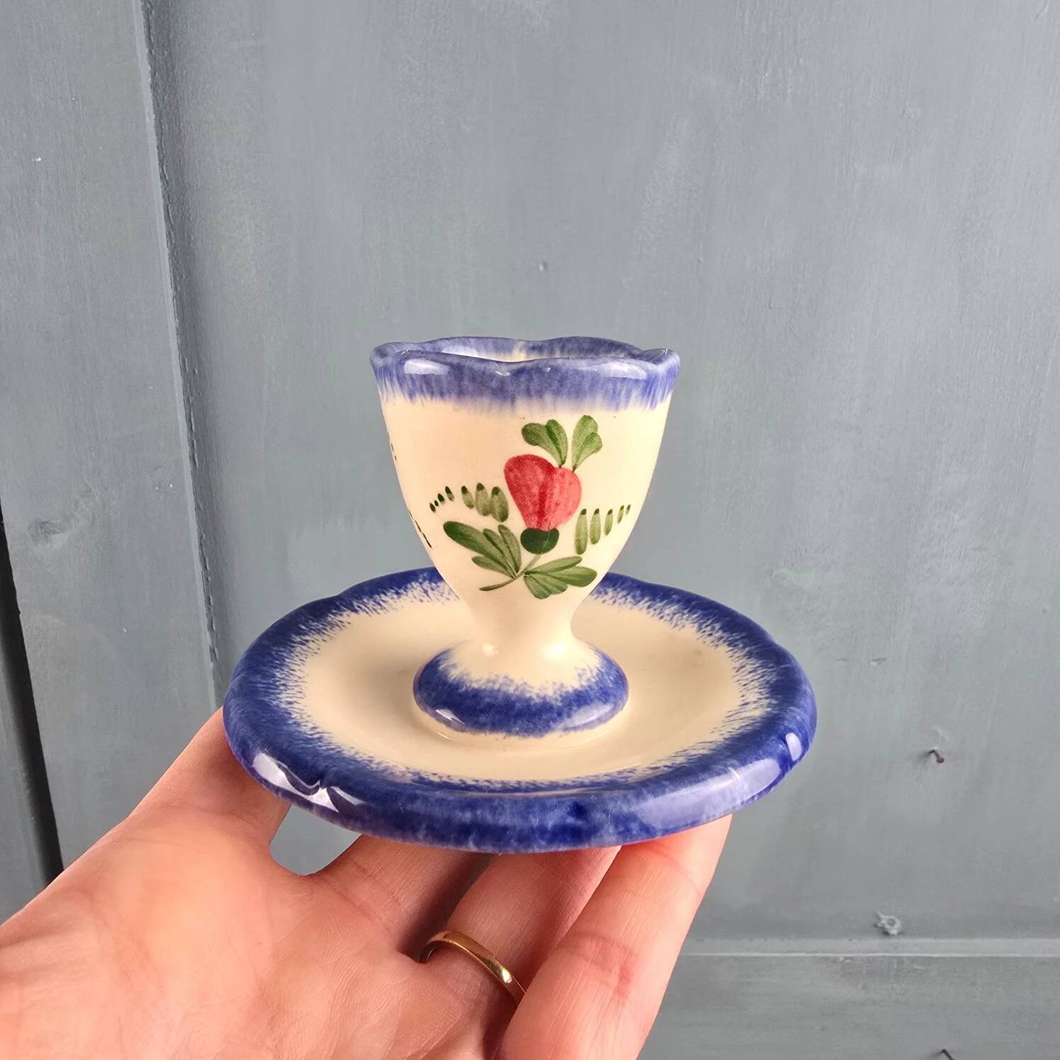 Vintage egg cup with saucer – Handmade – Blue floral decoration