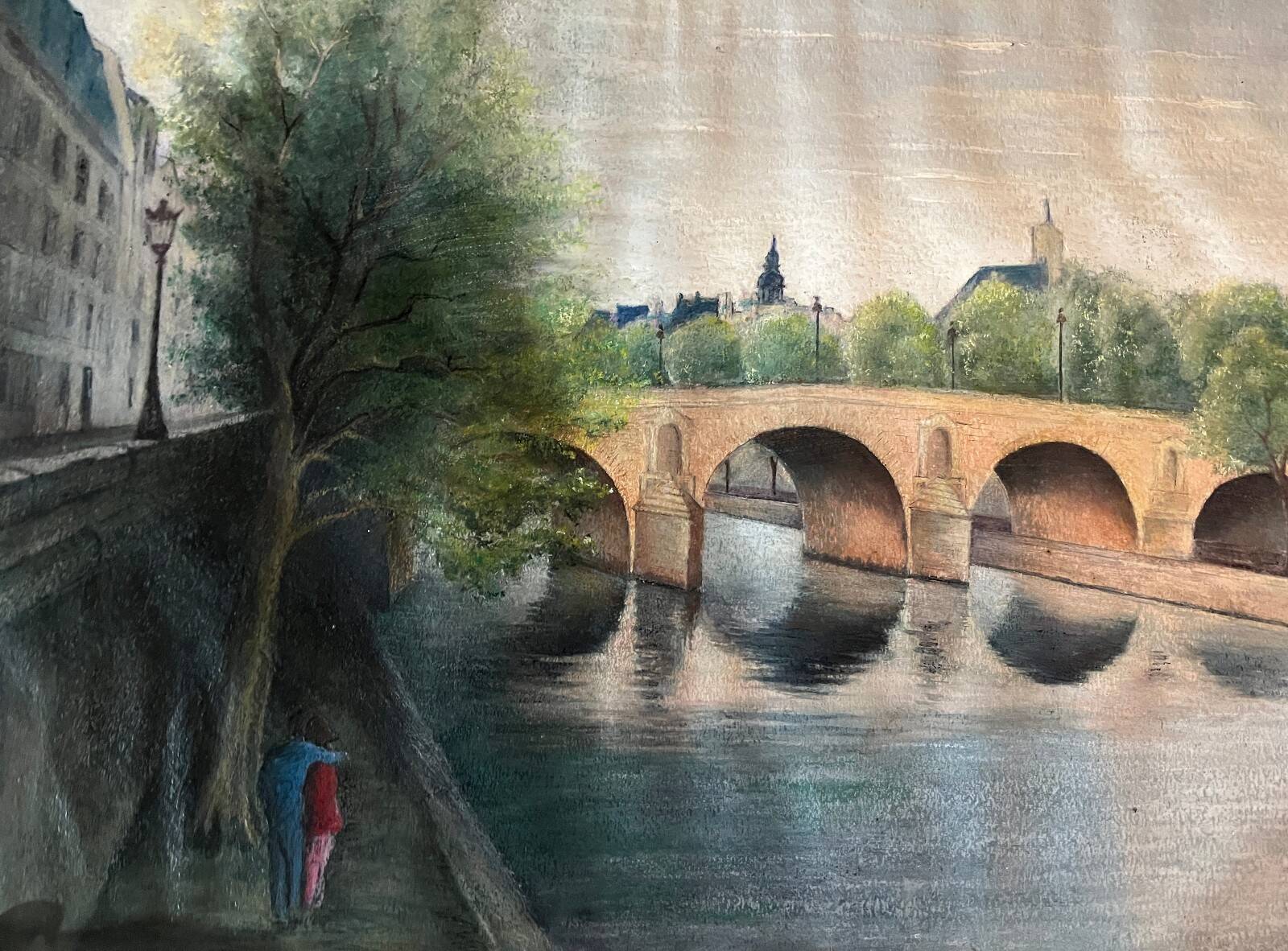 Tableau HSP "Bridge of Paris the Lovers" Notre Dame signed around 1950