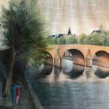Tableau HSP "Bridge of Paris the Lovers" Notre Dame signed around 1950