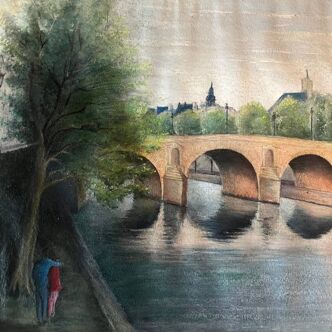 Tableau HSP "Bridge of Paris the Lovers" Notre Dame signed around 1950