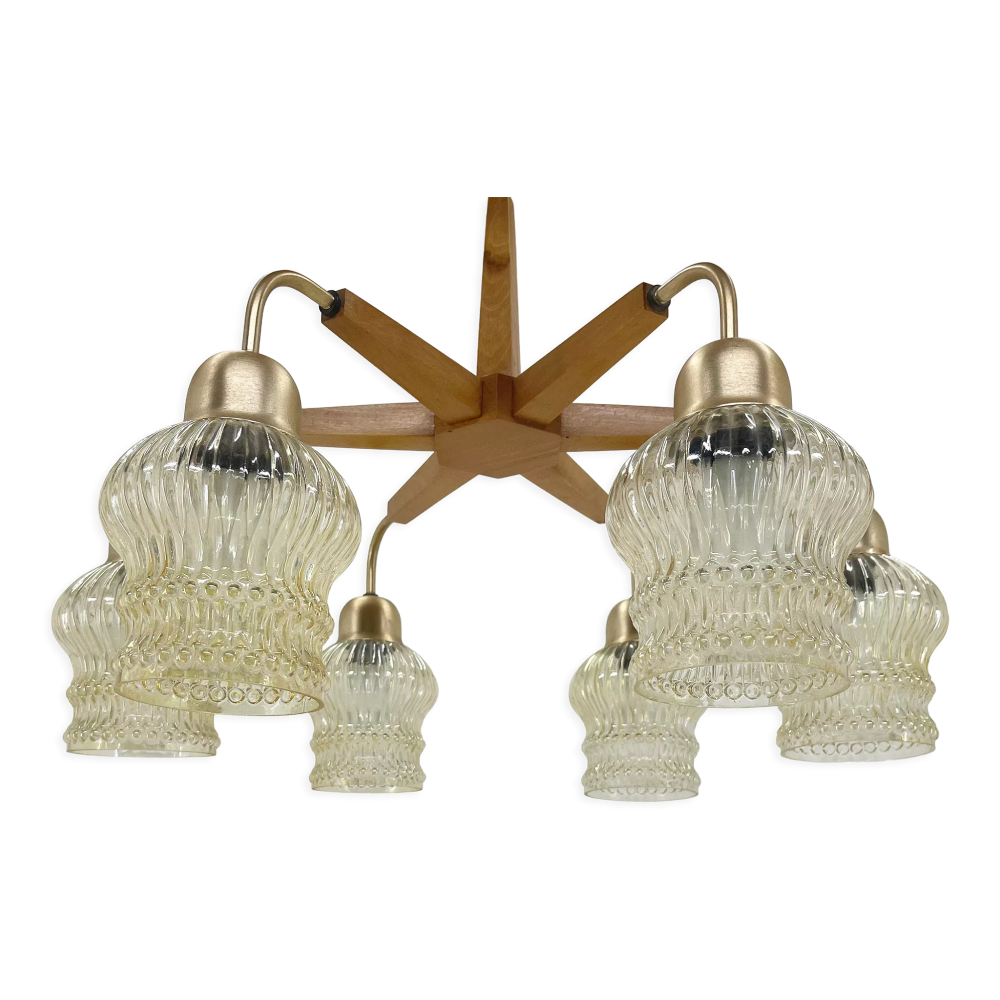 1970's Wood & Glass 6-arm Chandelier, Czechoslovakia