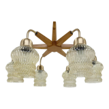 1970's Wood & Glass 6-arm Chandelier, Czechoslovakia