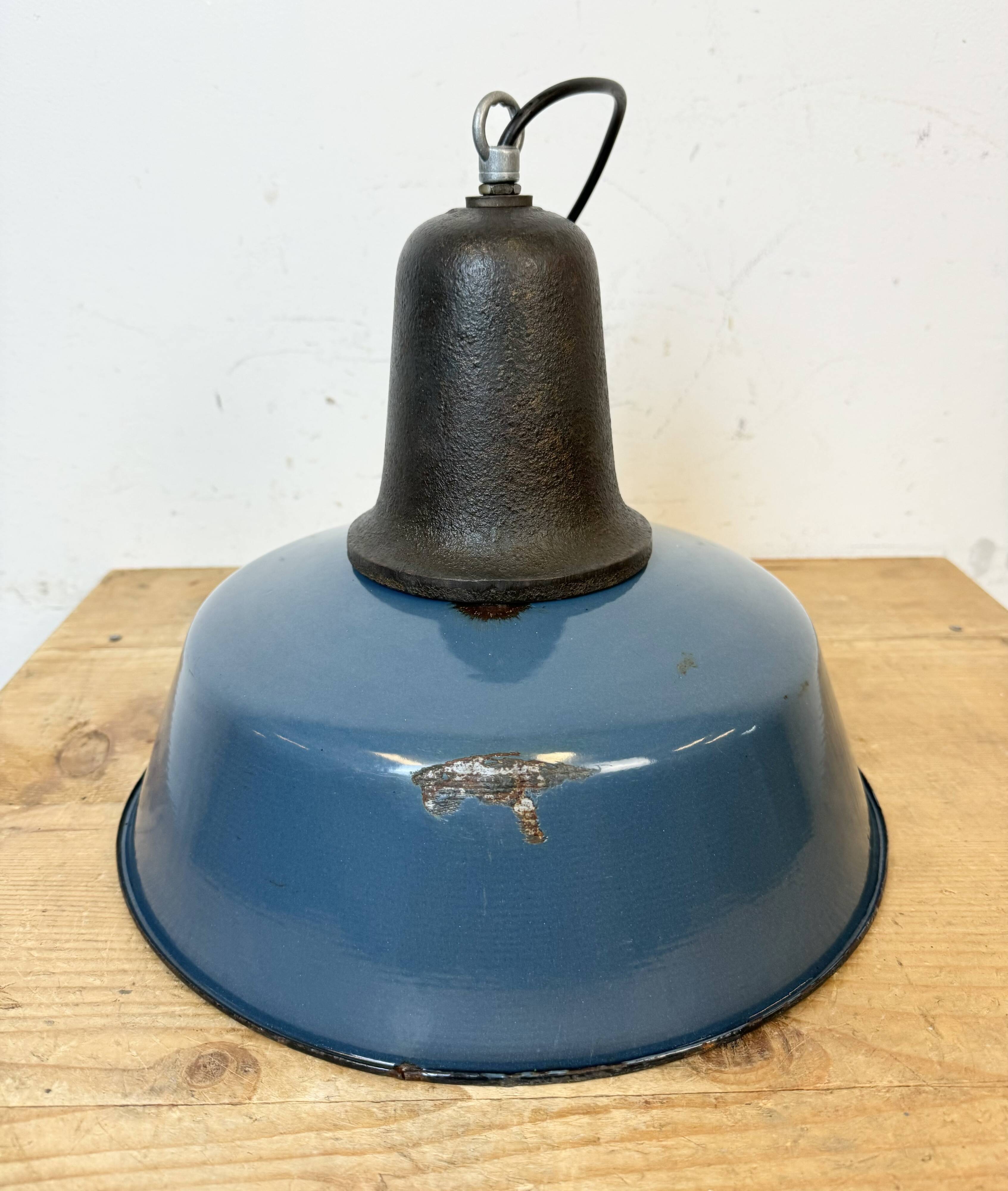 Industrial Blue Enamel Factory Lamp with Cast Iron Top, 1960s