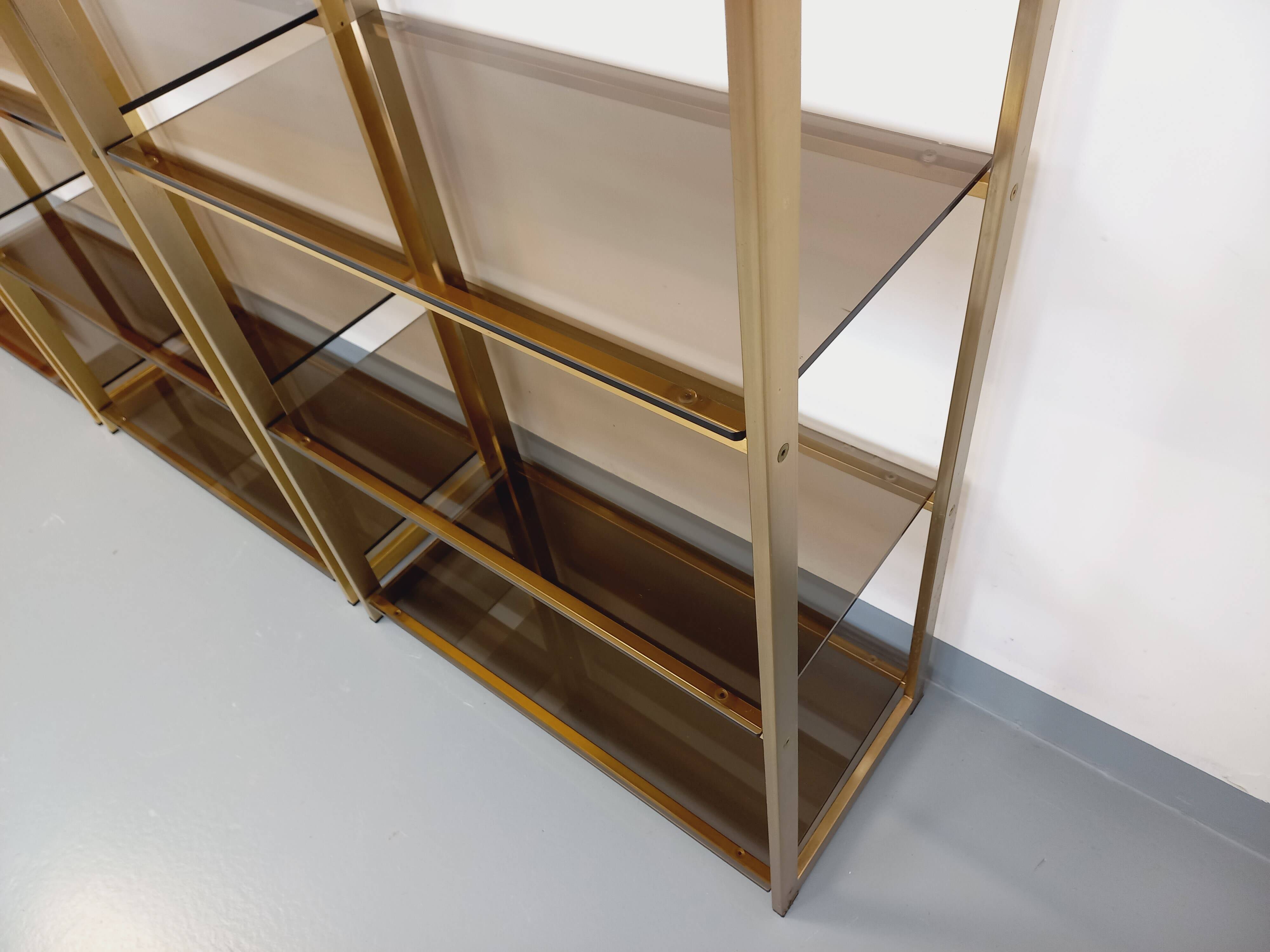 Artelano vintage bookcase shelves in gold metal smoked glass from the 70s
