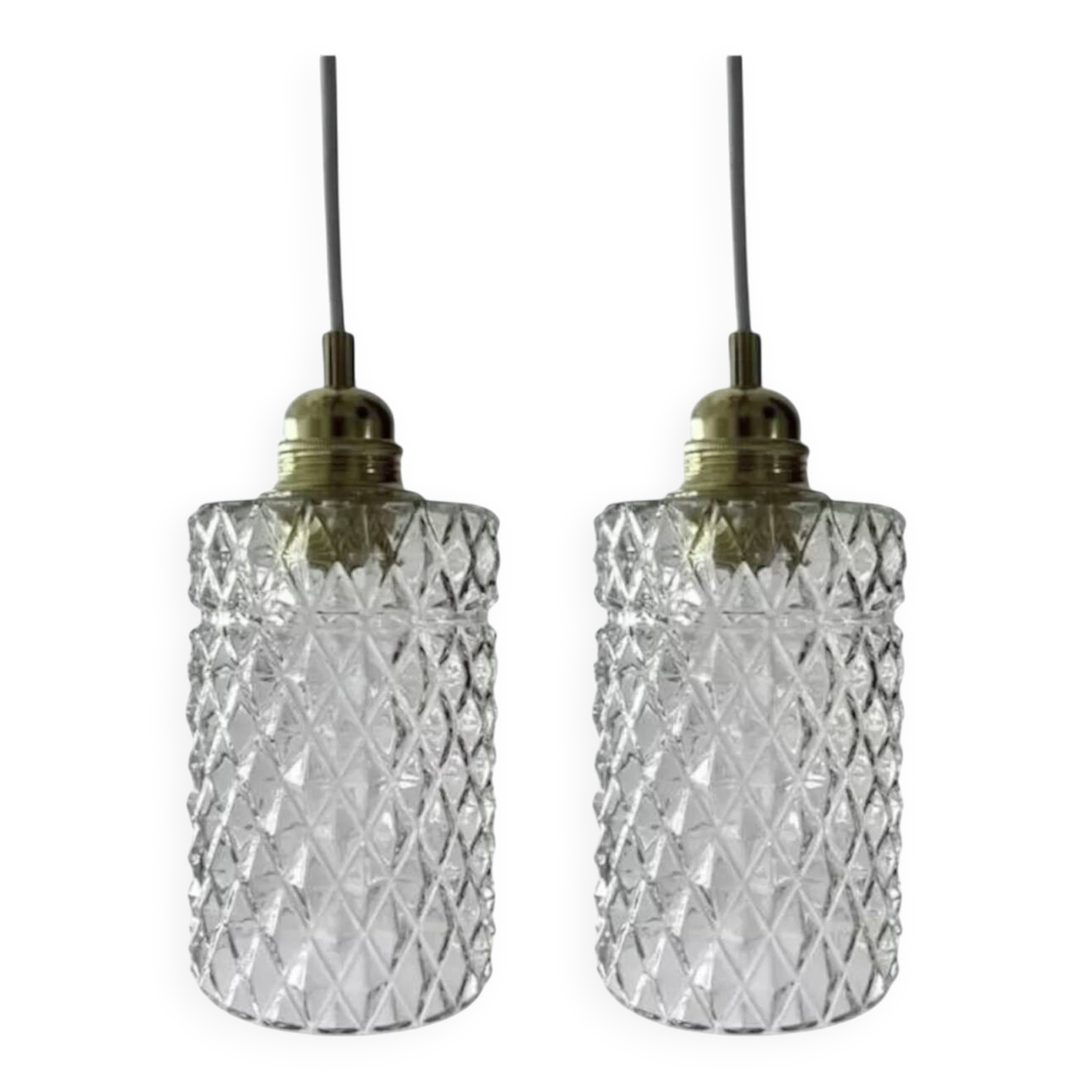 Set of two vintage chiseled glass pendant lights