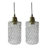 Set of two vintage chiseled glass pendant lights