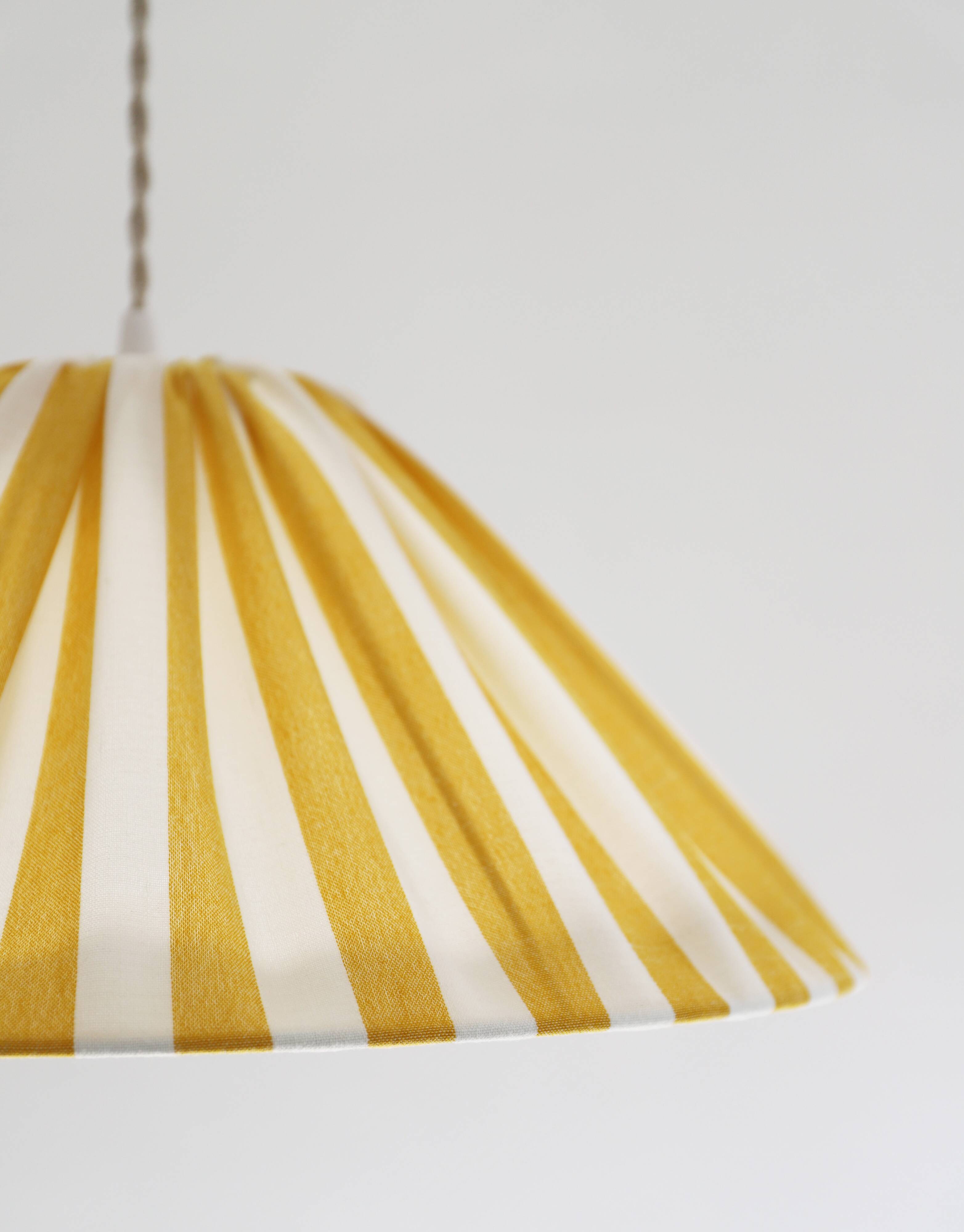 "Malala striped off-white and lemon yellow" conical shaped striped pendant light