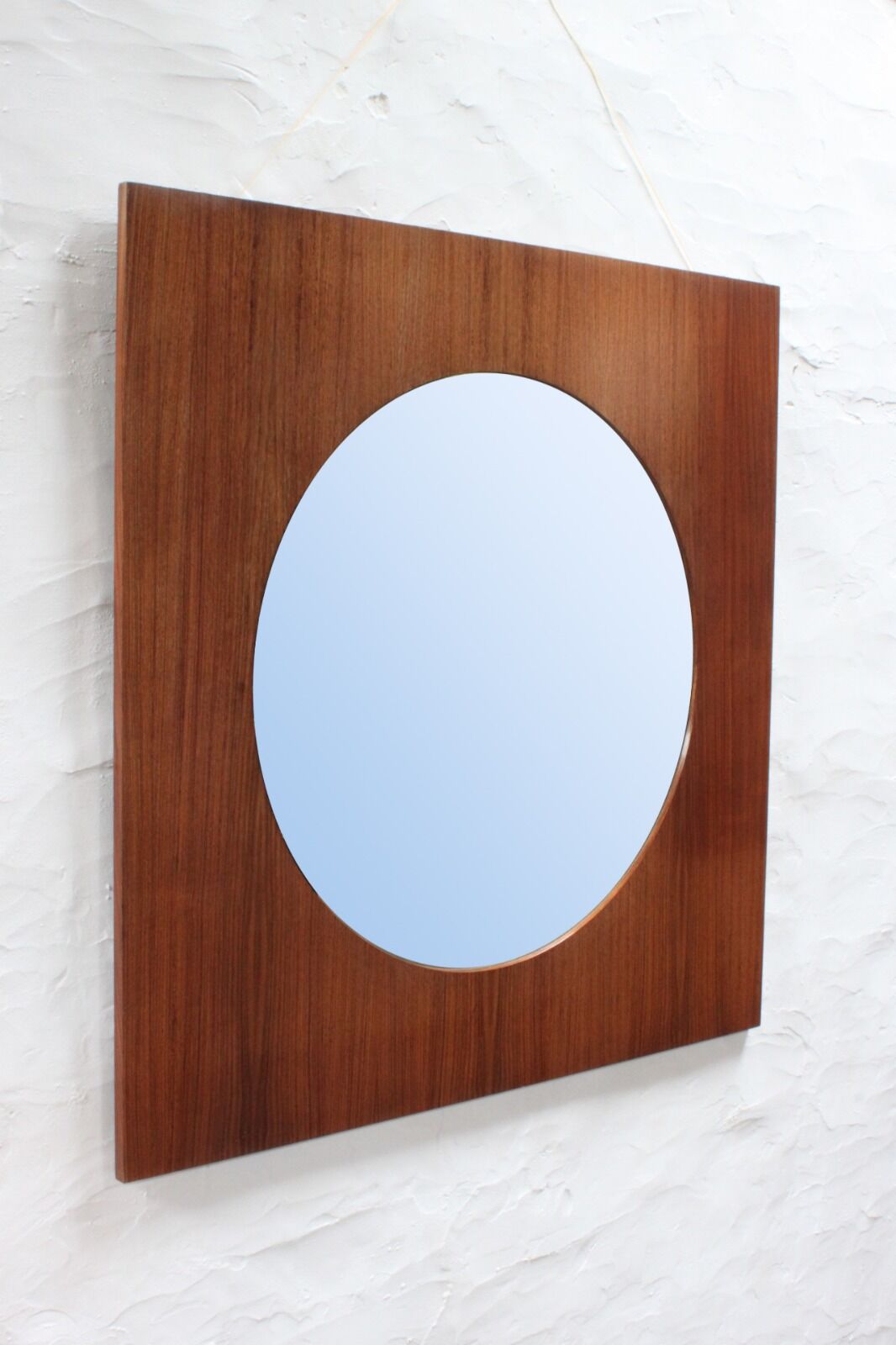 Large teak wooden mirror, round with a square frame, 1960s.