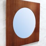 Large teak wooden mirror, round with a square frame, 1960s.