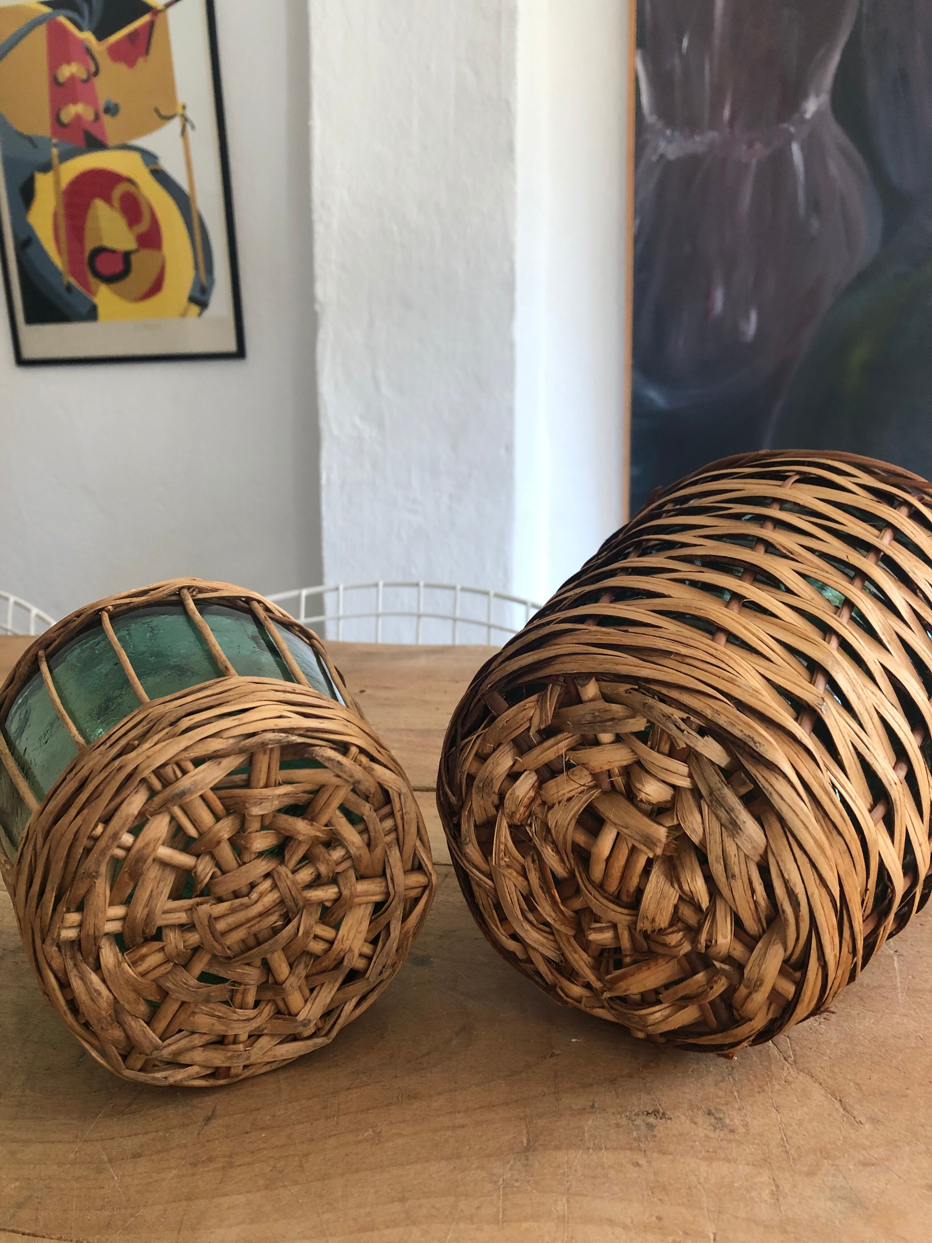 Duo bonbonnes osier vintage