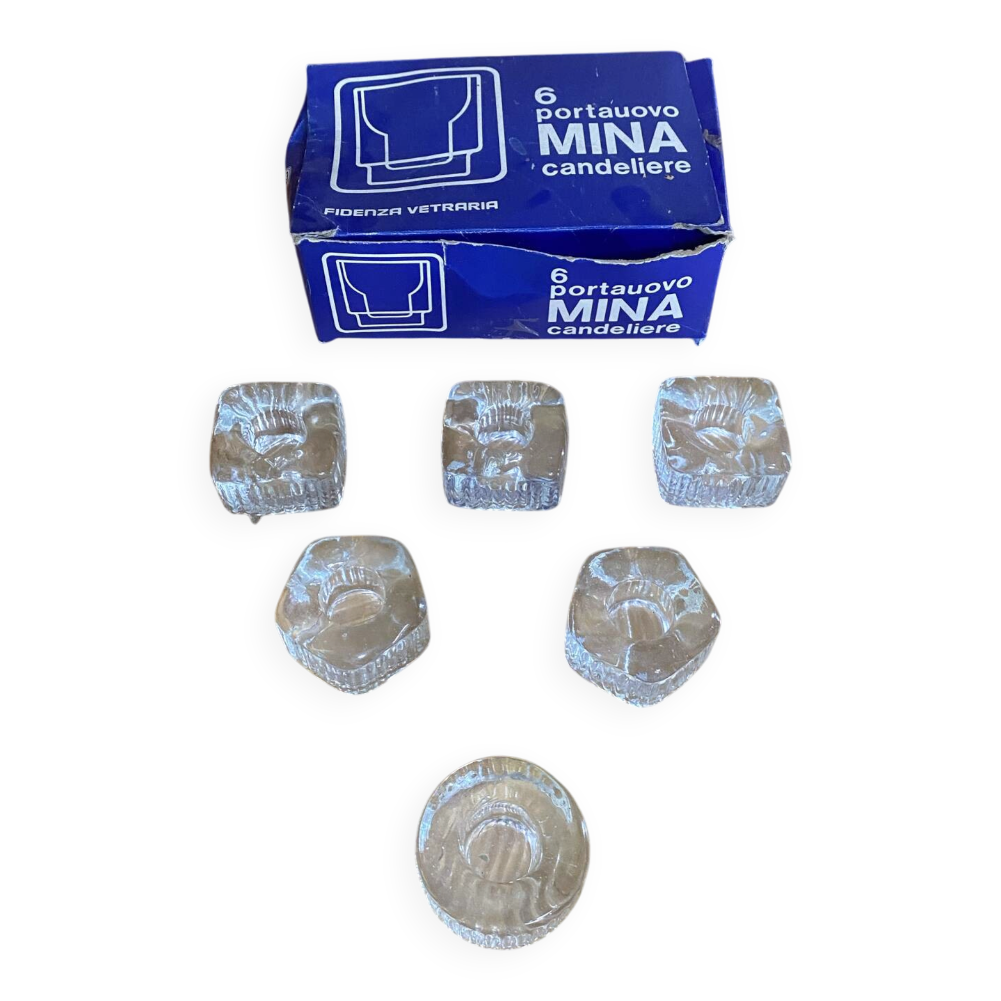 Series 6 antique candle holders mina moulded glass + vintage box #e483