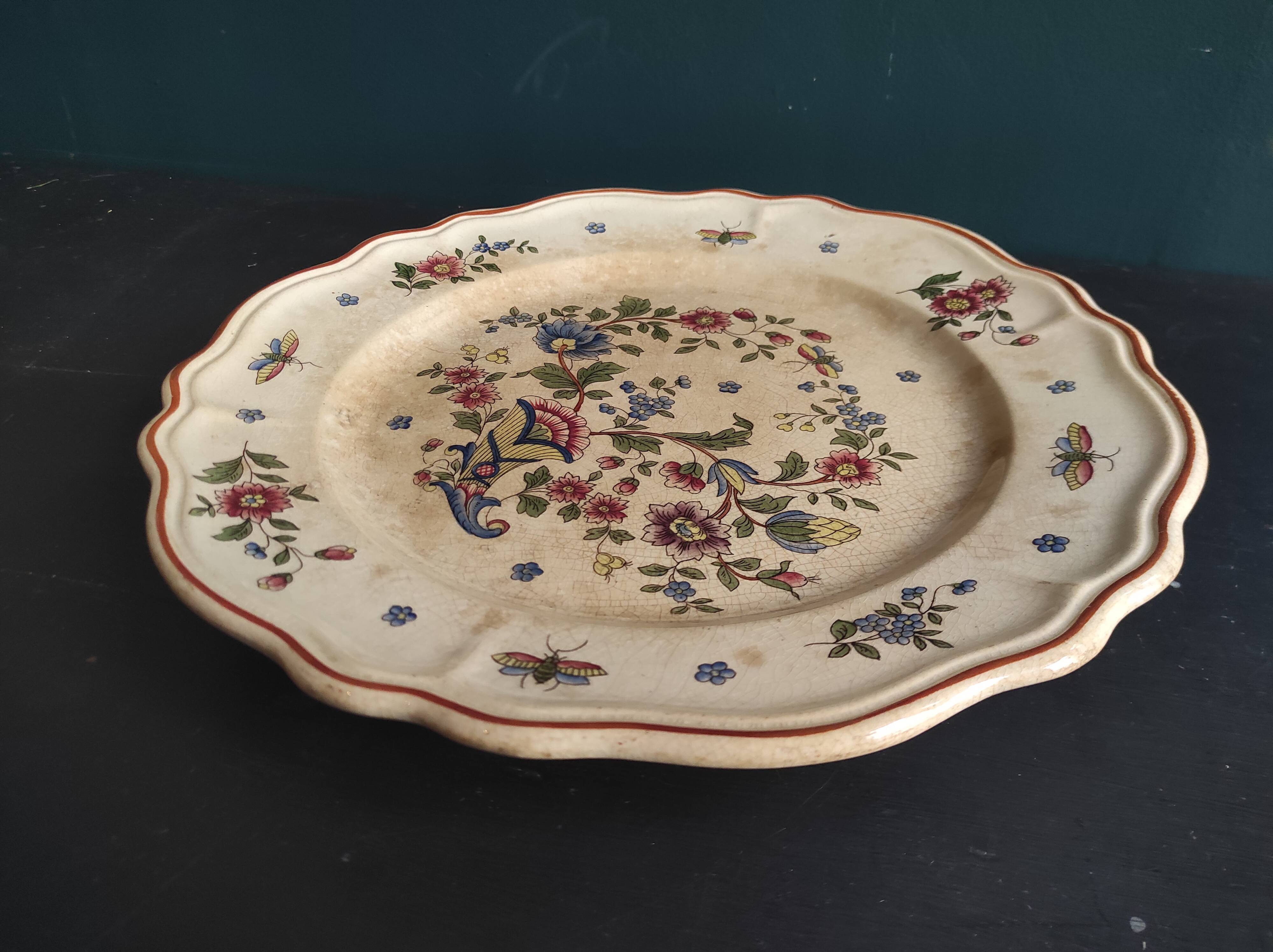 Vintage French round serving plate faience de Rouen, representing a horn of plenty