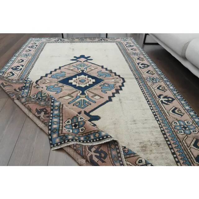 1970s Vintage Turkish Handmade Wool & Cotton Beige Area Rug 158x246