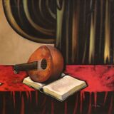 20th century Italian still life painting with musical instruments