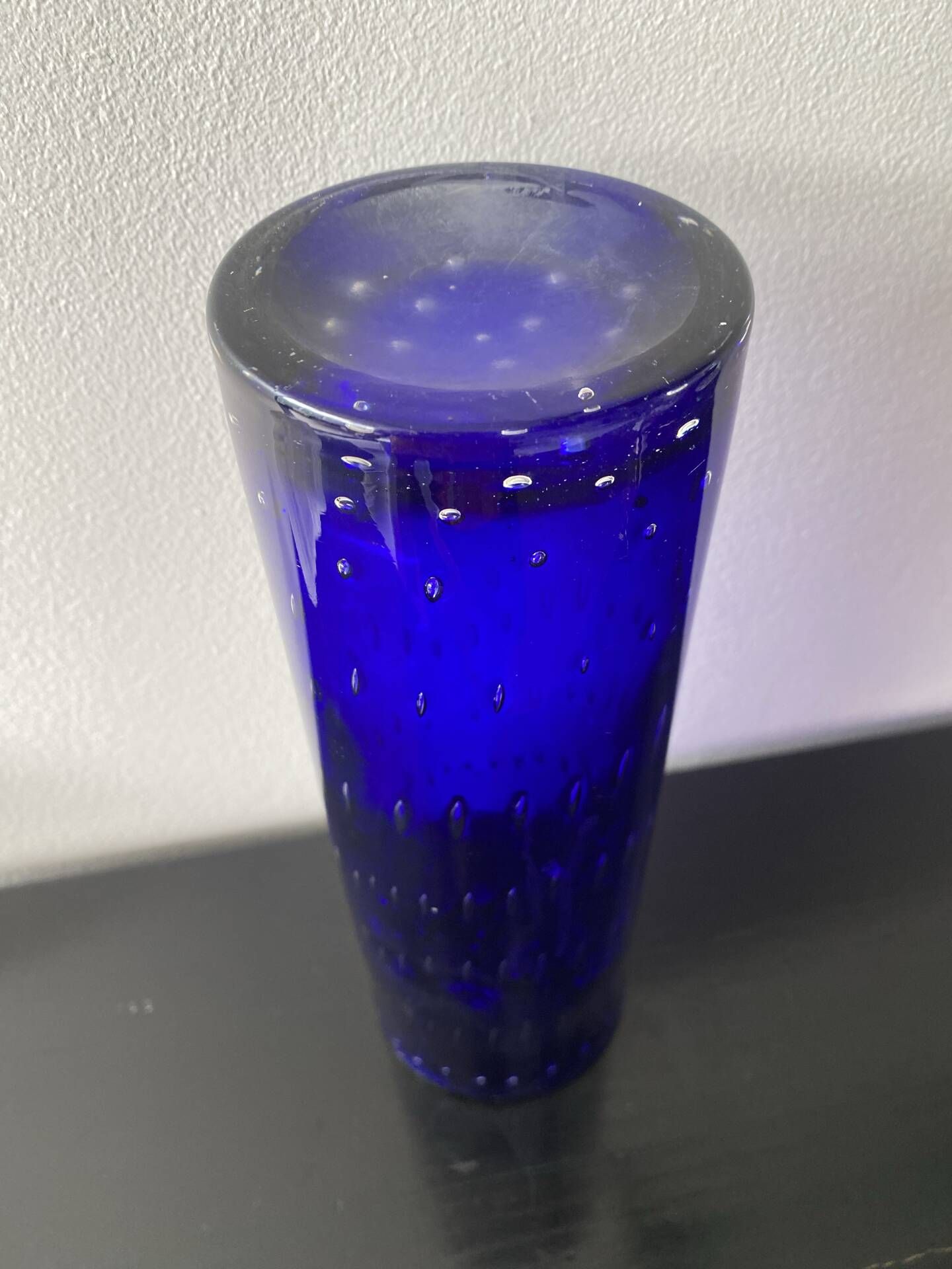 Vintage Scandinavian cobalt blue bubble glass vase from the brand.