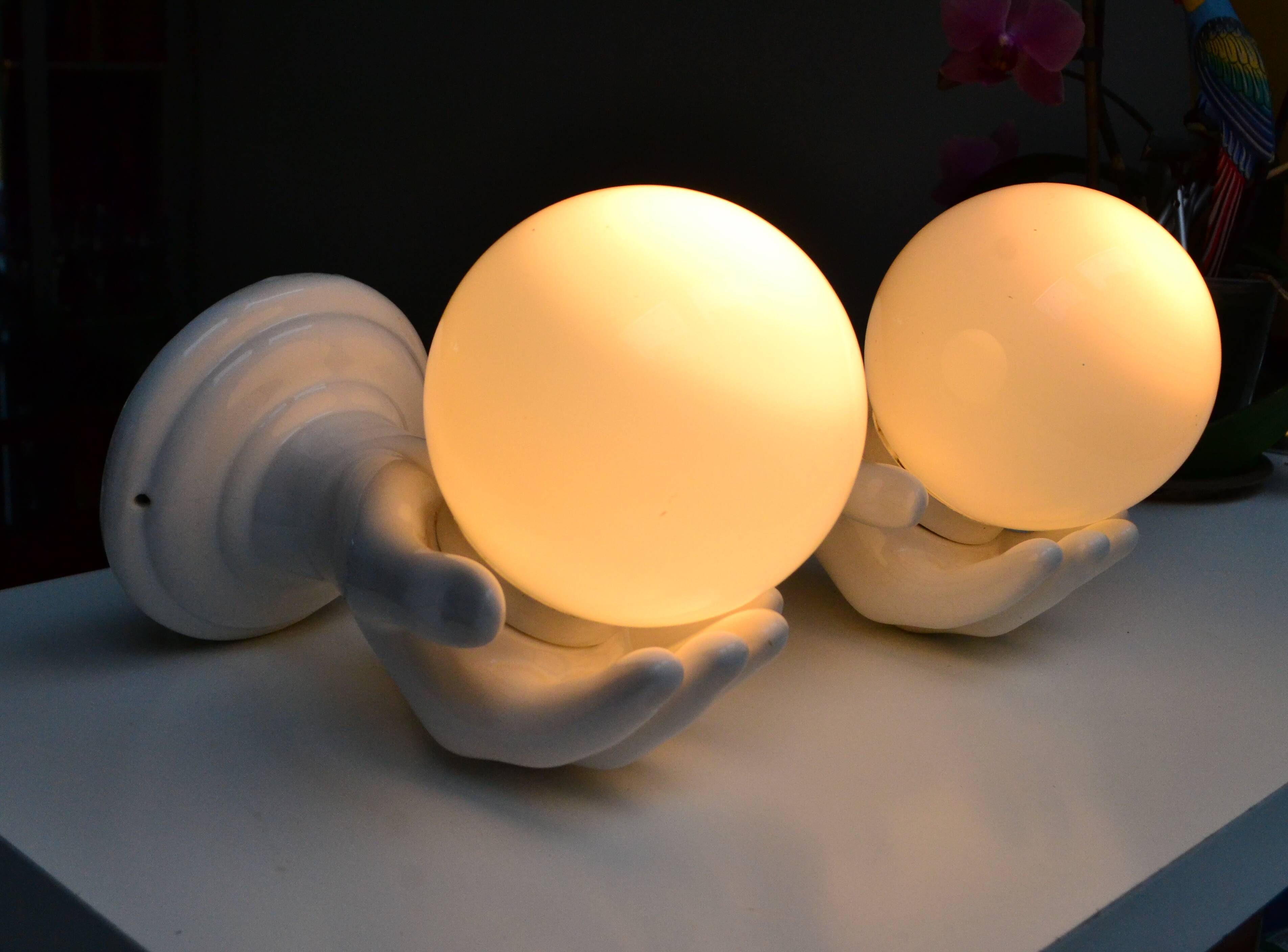 Pair of white ceramic wall lights from the 1970s.
