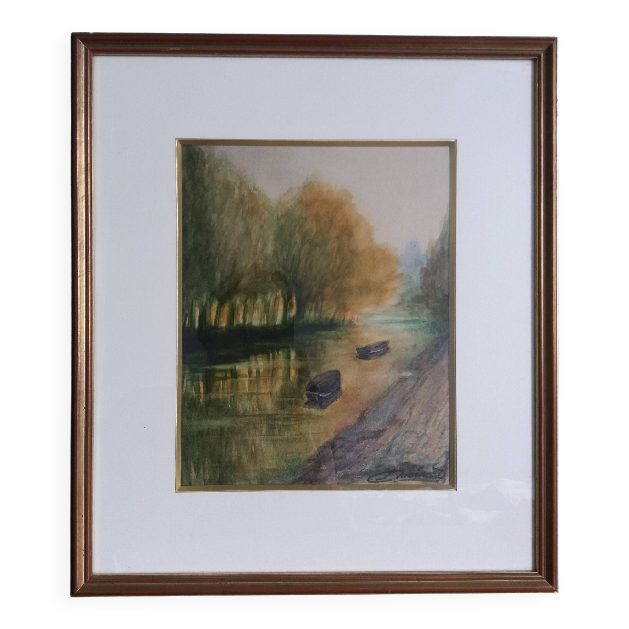 Signed painting, landscape, boat on river, Poitevin marsh