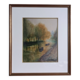 Signed painting, landscape, boat on river, Poitevin marsh