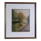 Signed painting, landscape, boat on river, Poitevin marsh