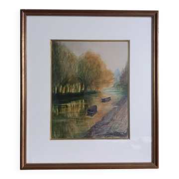Tableau signé, peinture, paysage barque sur rivière, marais poitevin