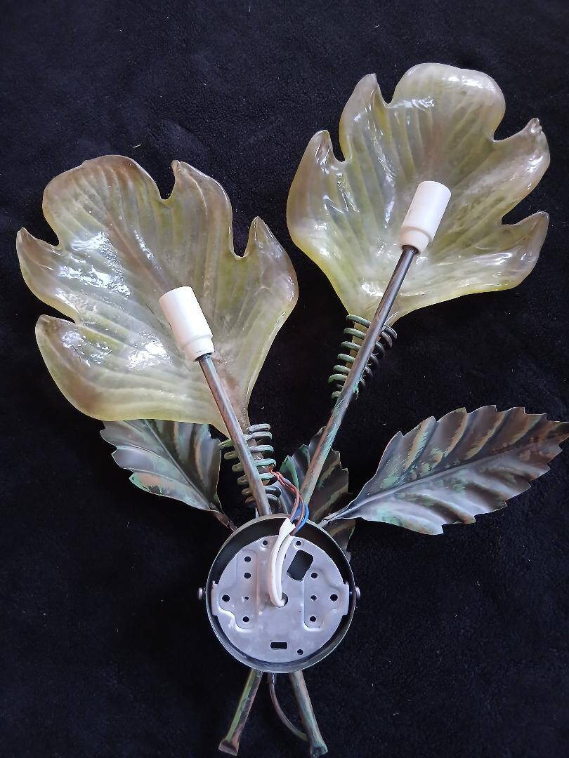 giant painted metal wall lamp Murano glass leaf design 63cm