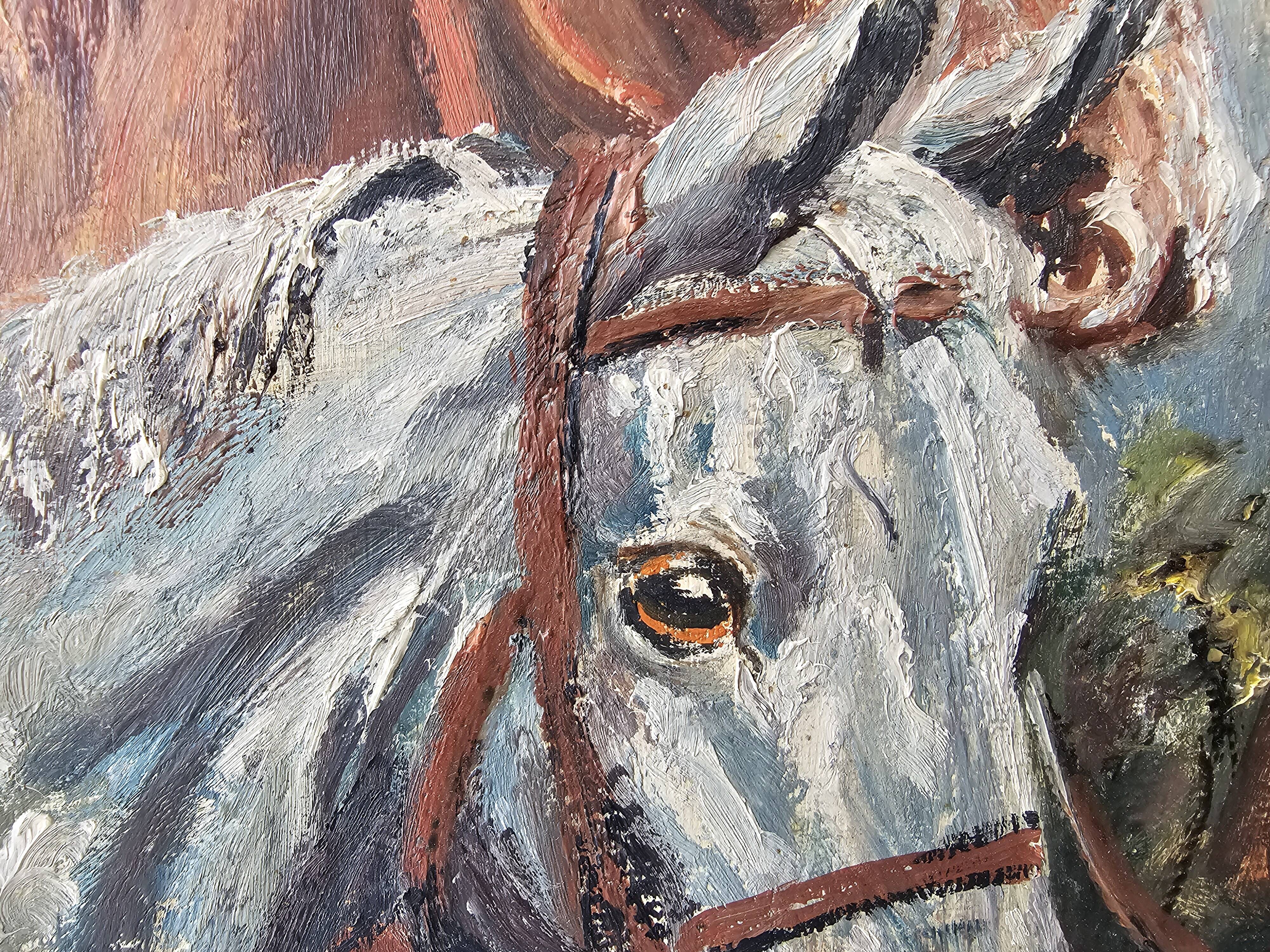 Oil painting on hardboard - Horses Signed SL (Signature to be identified)