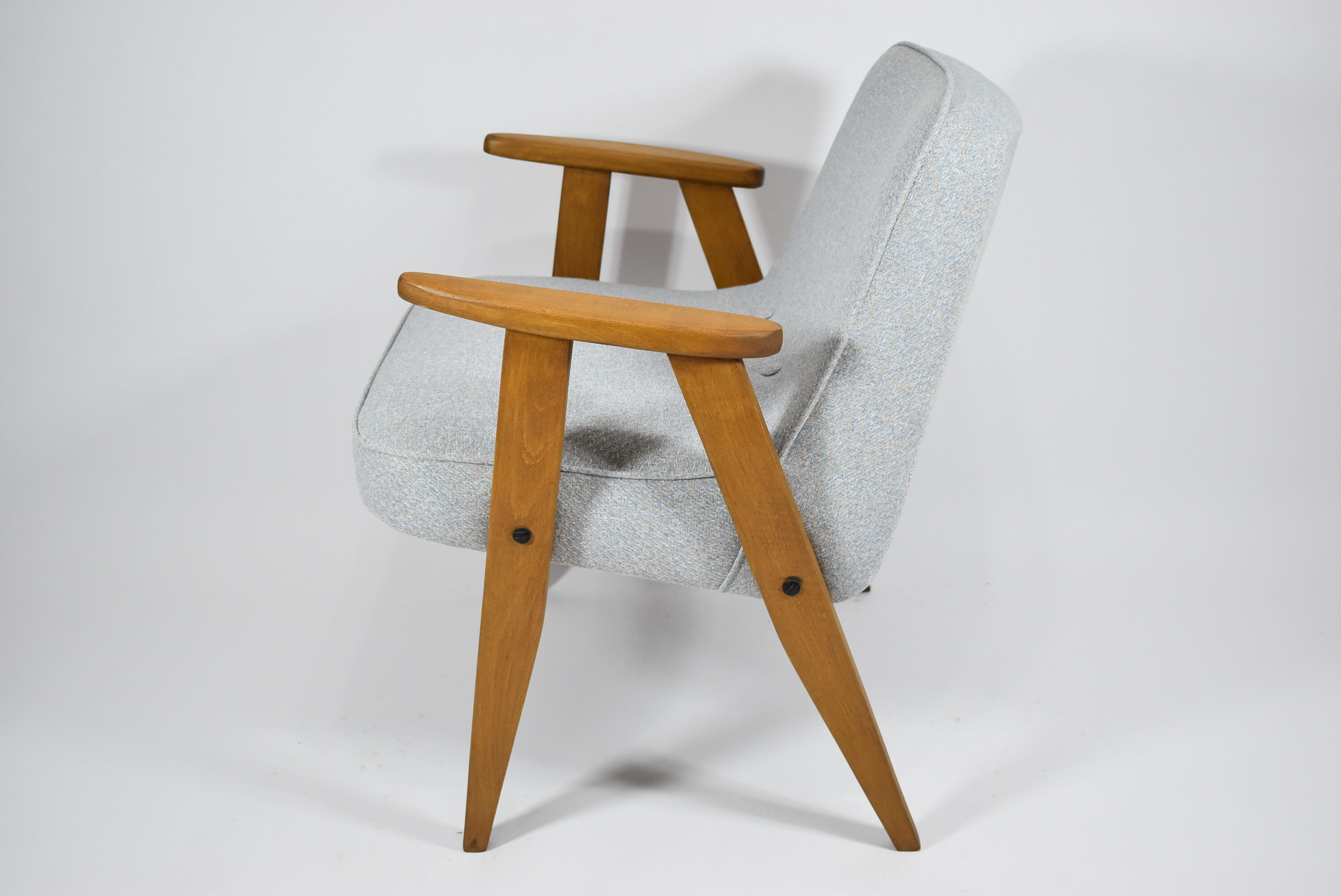 Vintage armchair model 366, 60s, blue fabric, teak wood