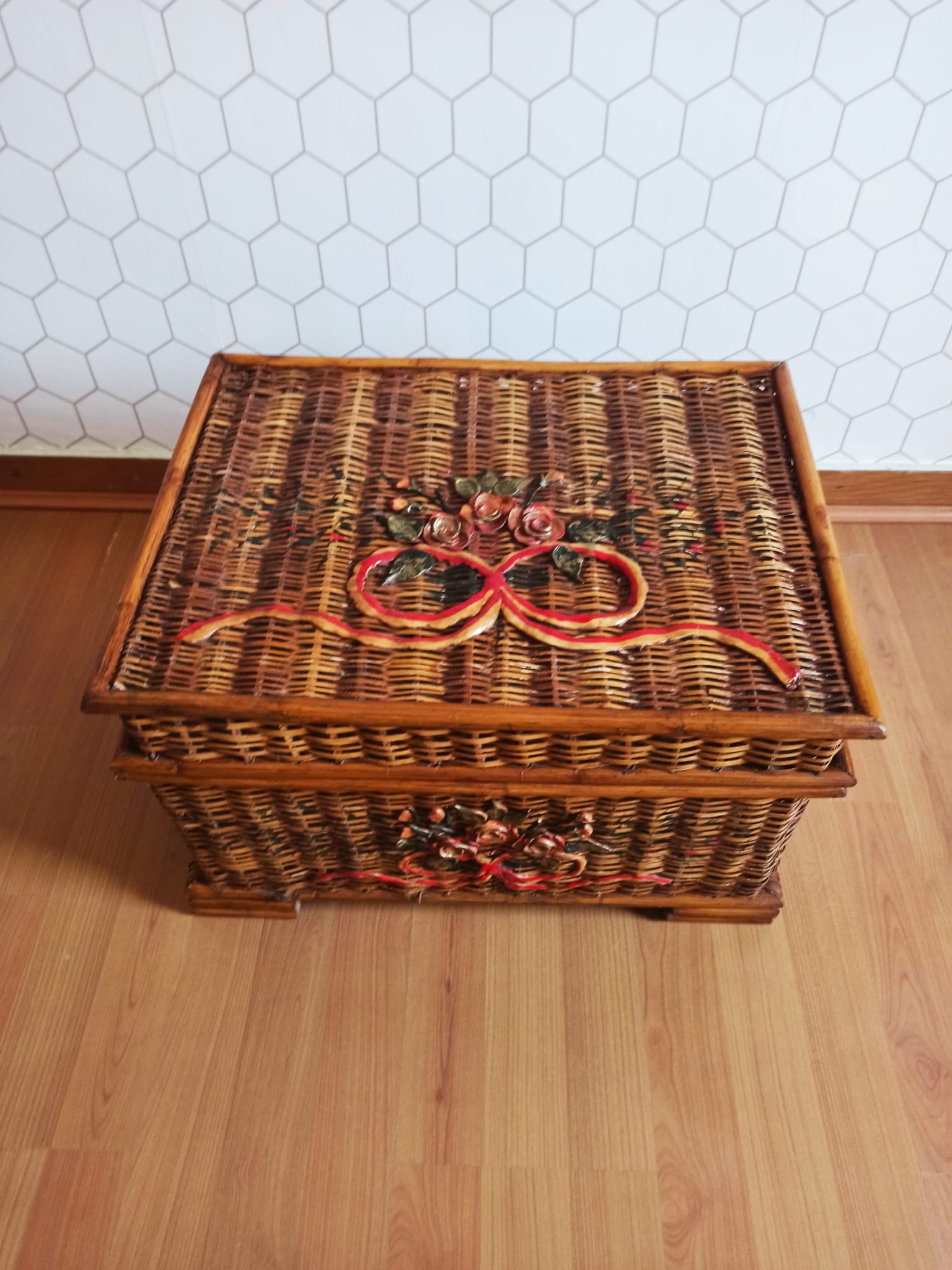 Ancient wicker, rattan and bamboo chest