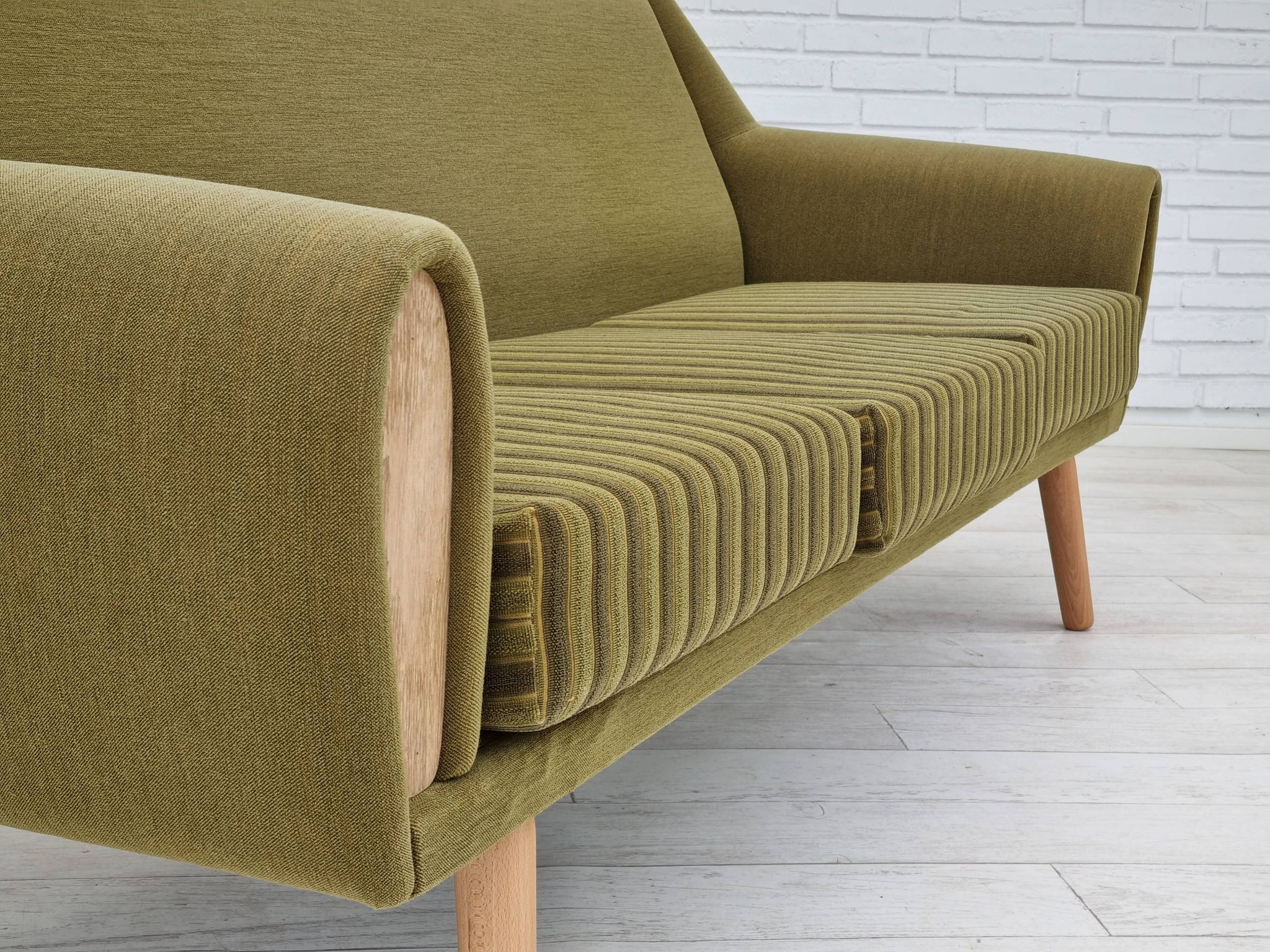 1970s, Danish 3-seater sofa, original very good condition, green furniture fabric, oak