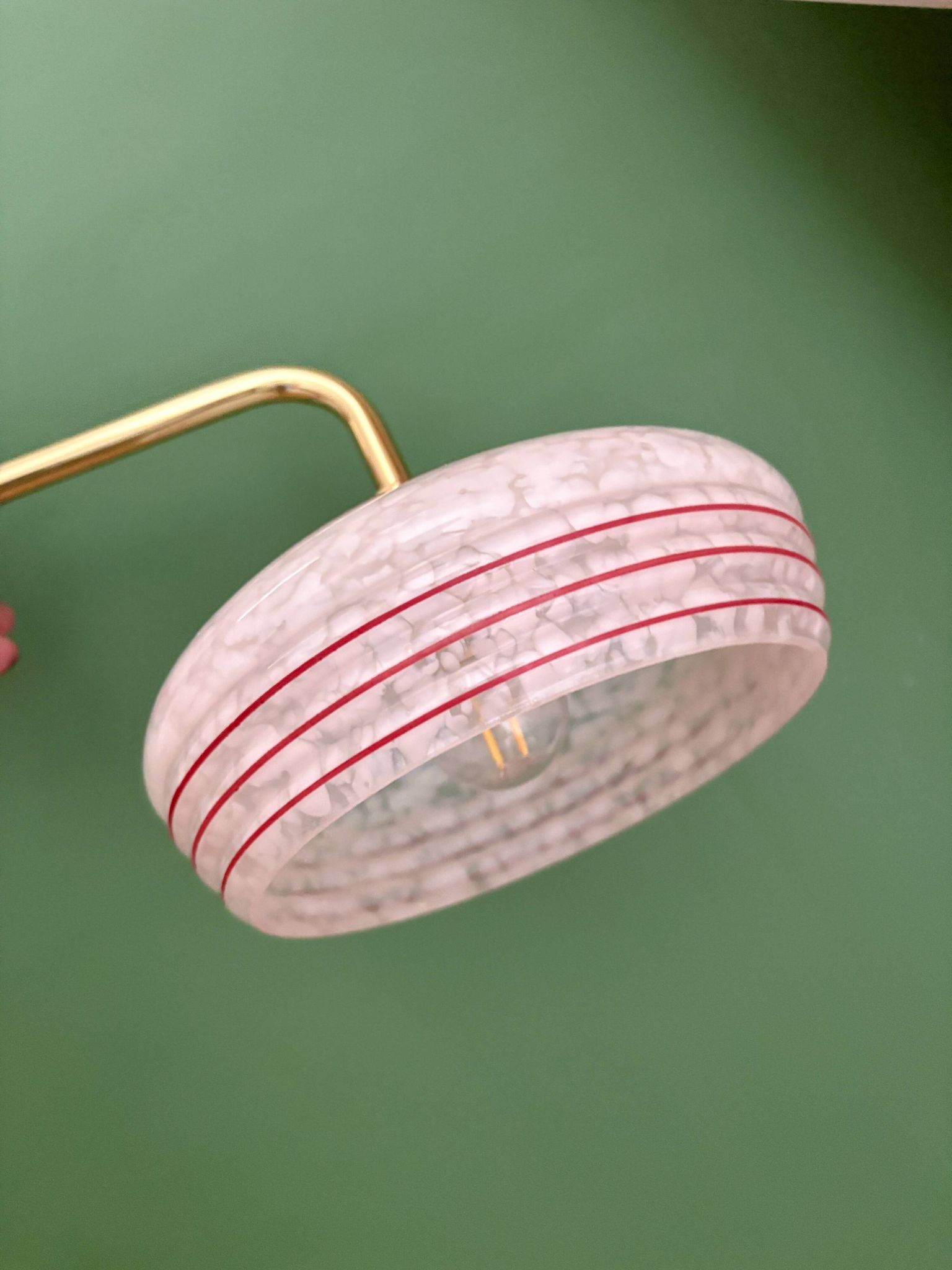 Vintage angled wall lamp with white clichy glass shade and red edging