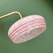 Vintage angled wall lamp with white clichy glass shade and red edging