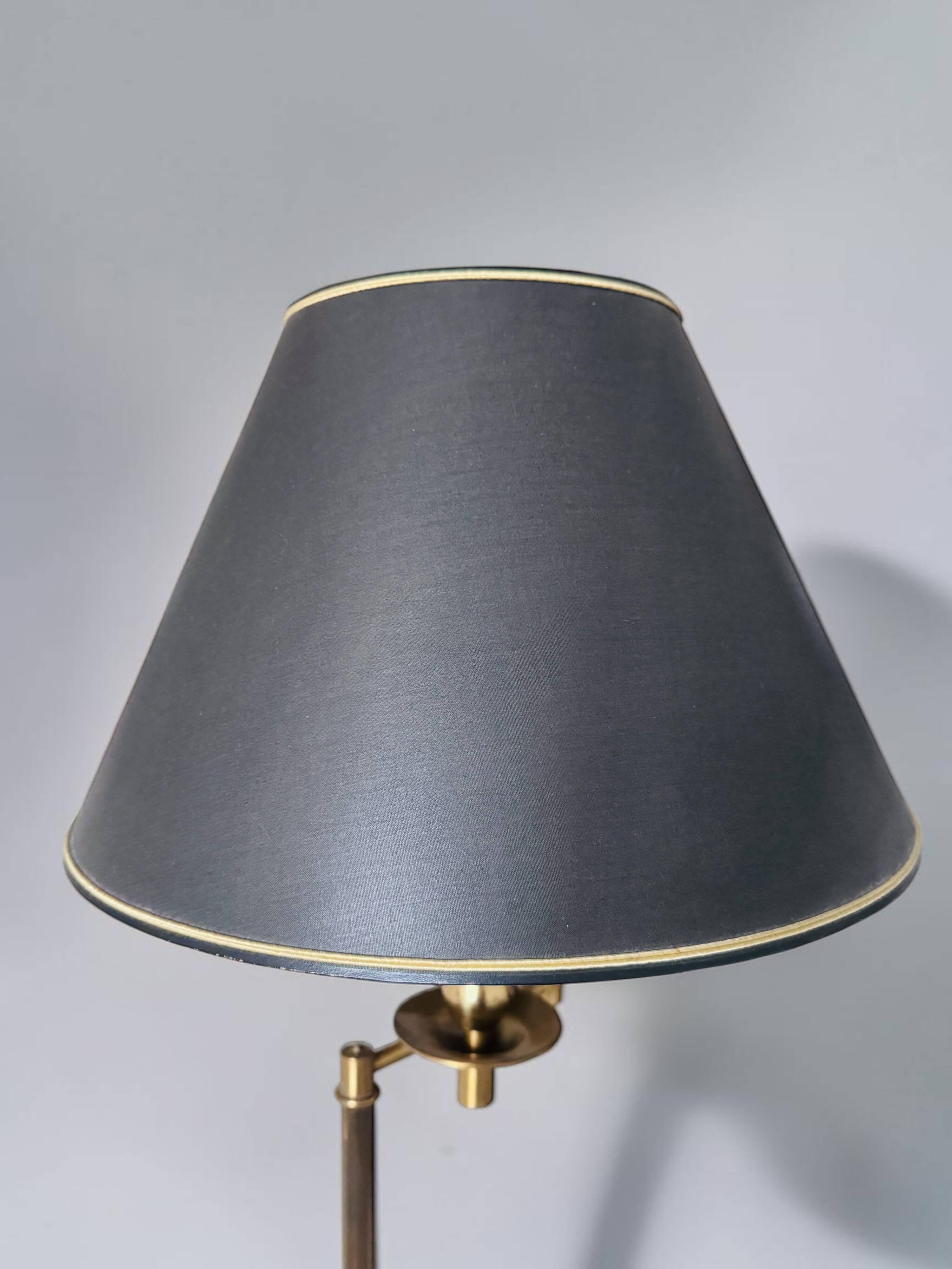 Brass reading floor lamp, adjustable arm, vintage anthracite shade.