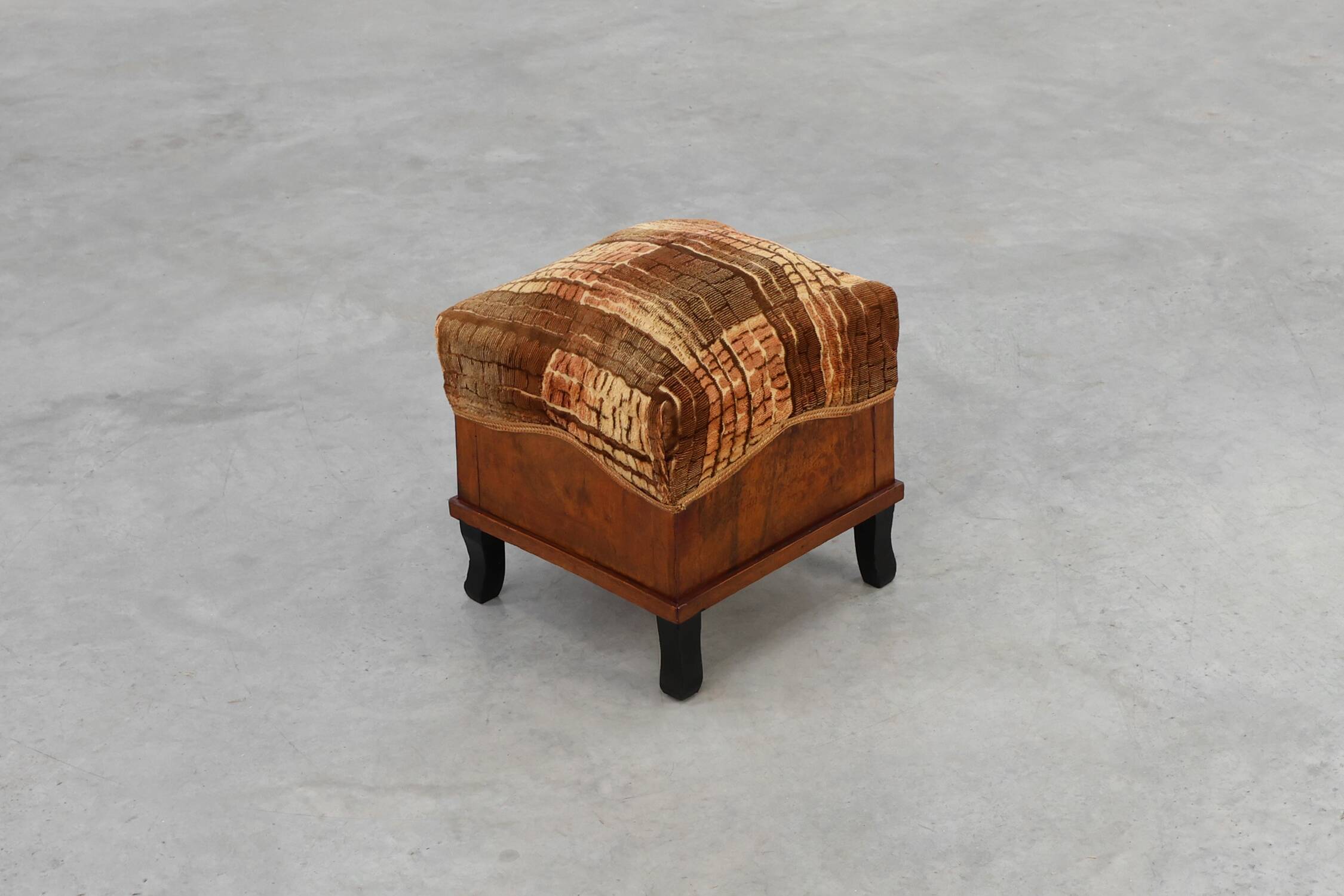 Art Deco walnut stool with original velvet upholstery, Italy 1920s