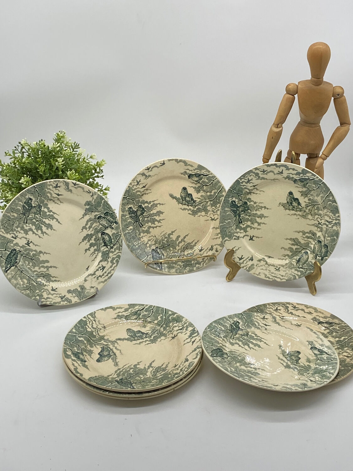 Service of old flat plates, Sarreguemines, birds,