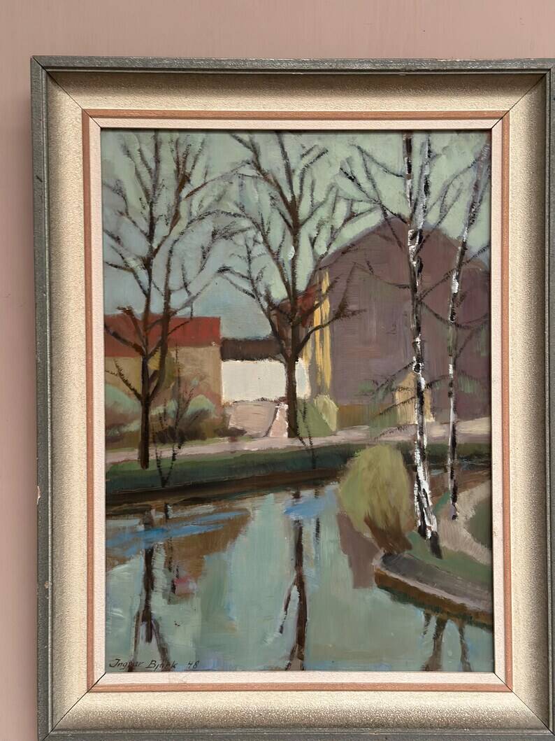 Original Swedish Oil on Canvas - "Landscape with Trees and Buildings" by Ingvar Björk - 1948 - Vintage - Framed - 62 × 48 cm (24.4" × 18.9")