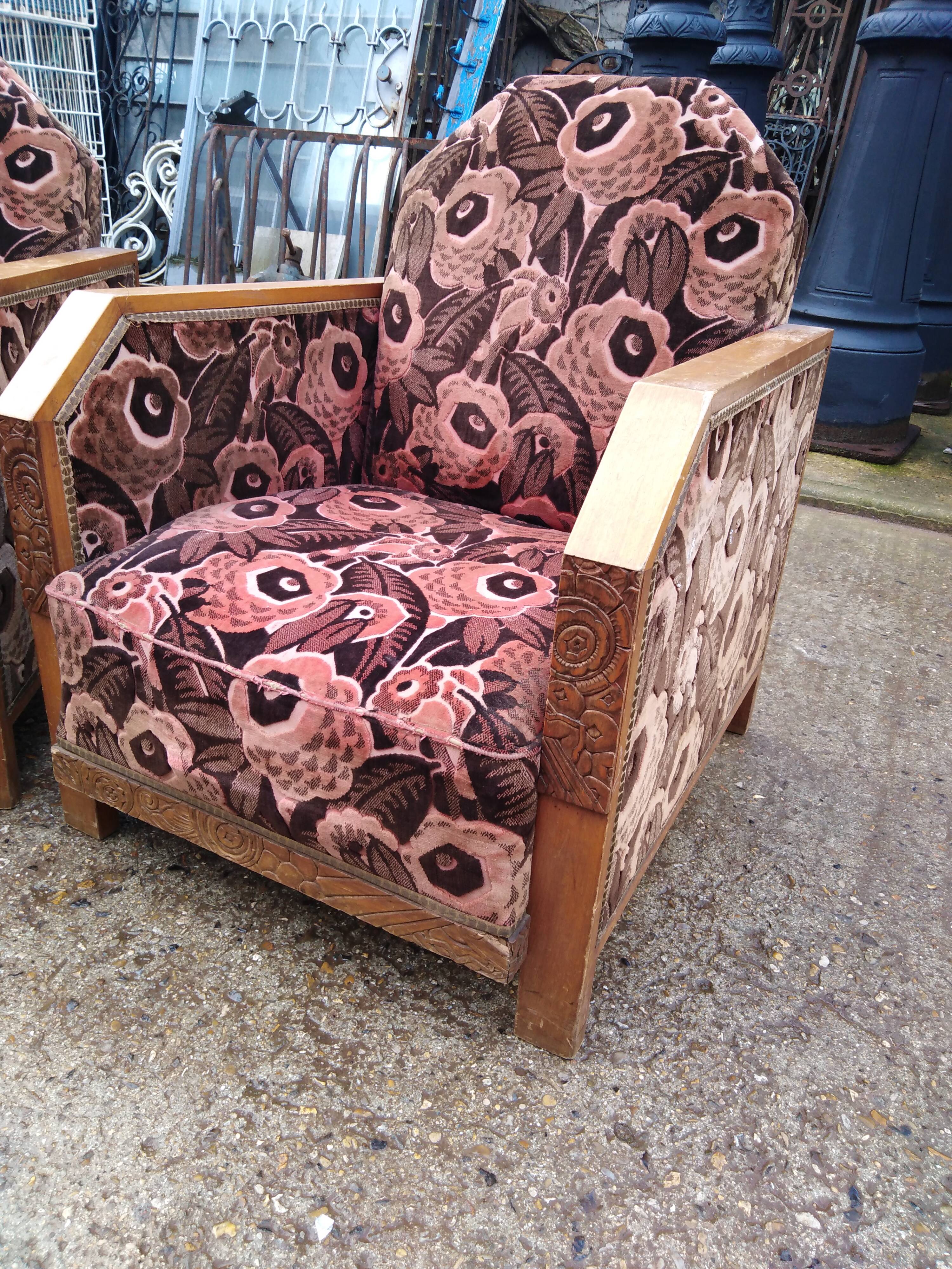 Pair club art deco armchair, carved wood structure, period 1930/50