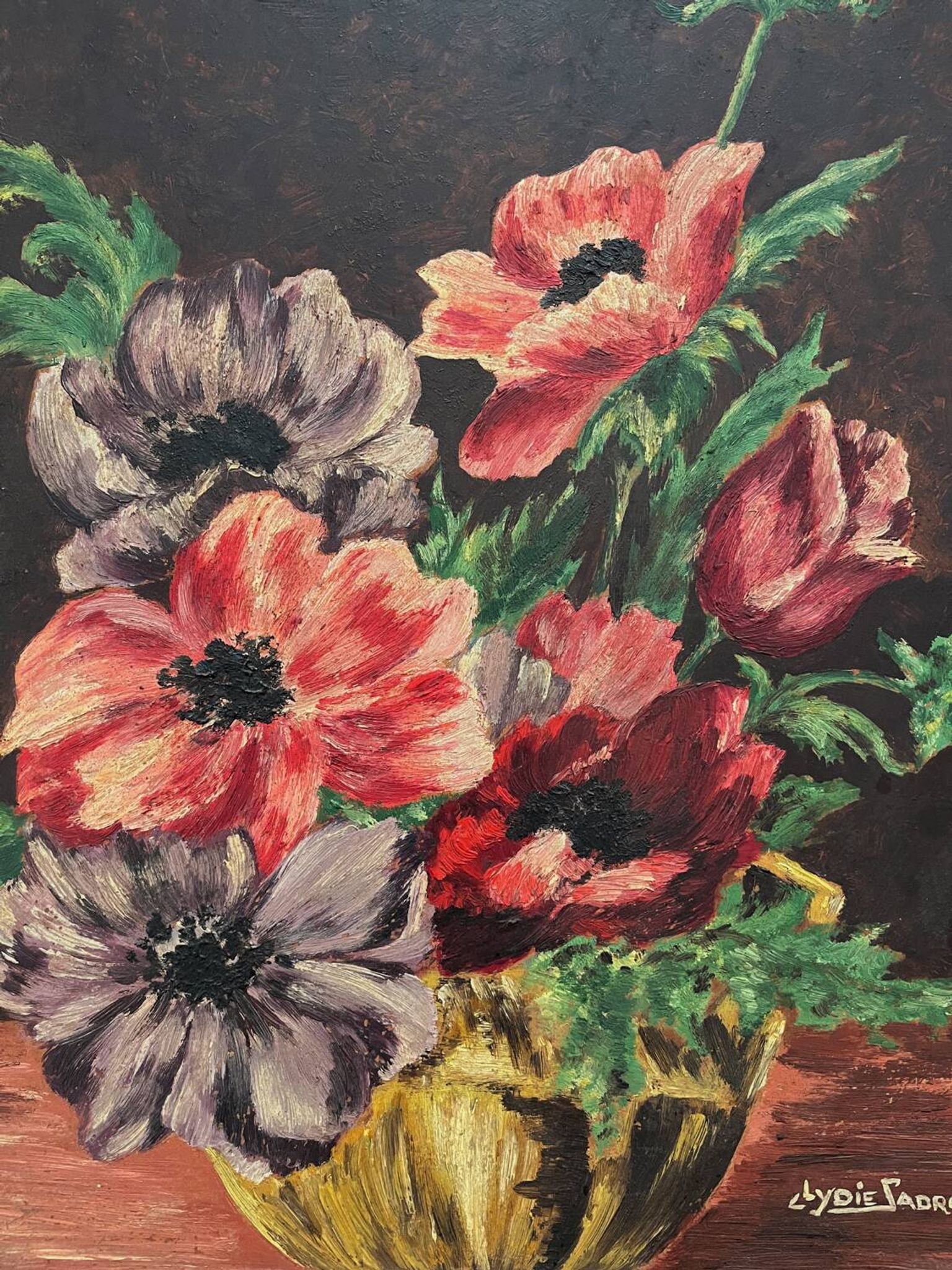 Antique painting, oil on cardboard, bouquet of anemones, signed