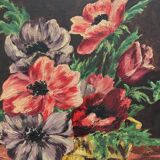 Tableau ancien peinture huile sur carton bouquet de fleurs anémones signée