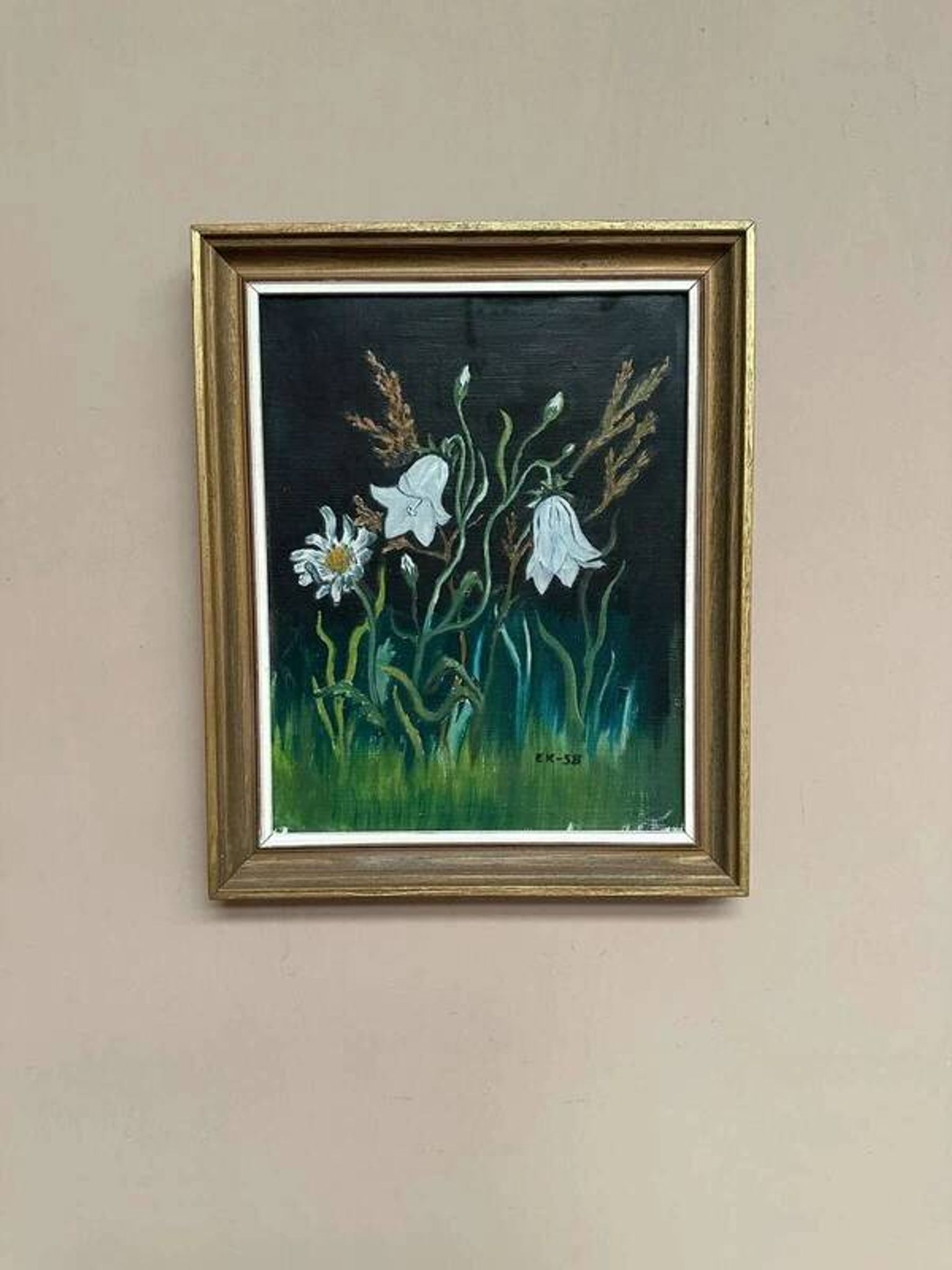 Swedish oil on panel “White Lilies and Flowers” by EK, vintage & framed 28×35cm
