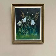 Swedish oil on panel “White Lilies and Flowers” by EK, vintage & framed 28×35cm