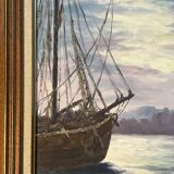 Painting by G. Bournonville, signed and dated 1986, oil on cardboard, boats at the quay