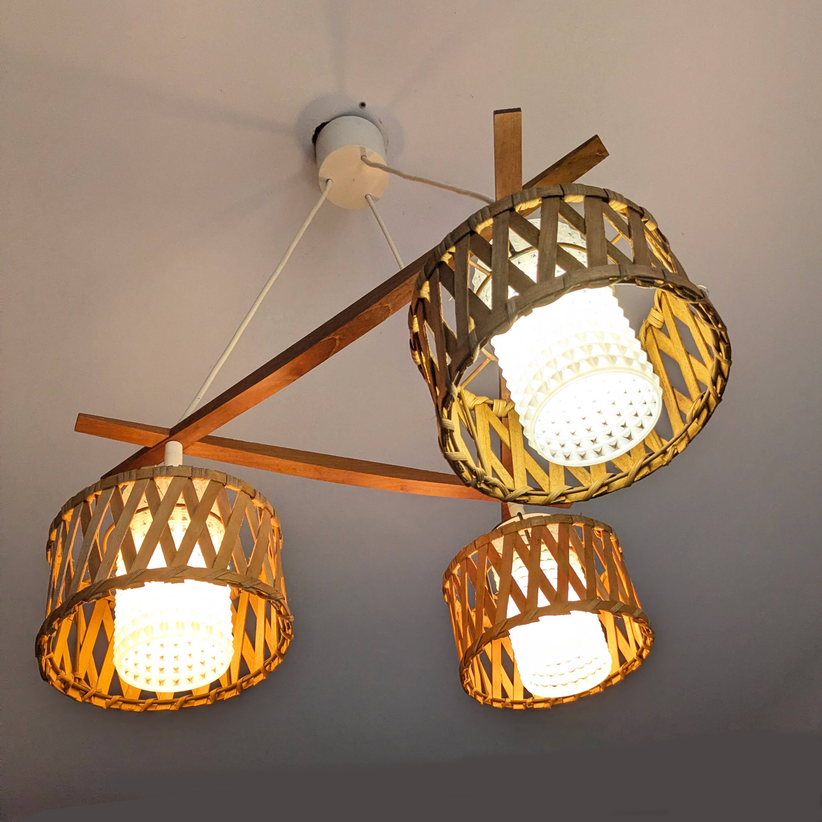 Suspension in teak and rattan, Doria Leuchten from the 1950s.